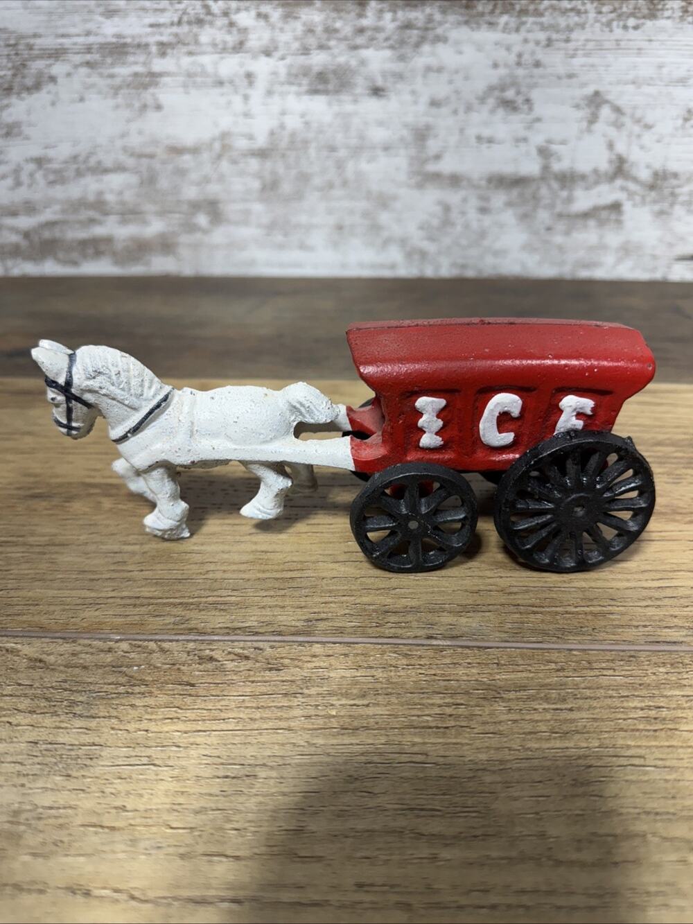 Vintage Cast Iron Horse Drawn ICE Wagon Carriage Original 7.5" Moving Wheels MCM
